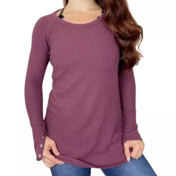 CHASER Waffle Knit Thermal Long Sleeve T-shirt In Berry Plum - Picture 1 of 8